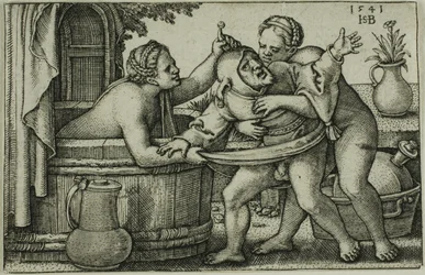 Bufón y dos mujeres bañándose