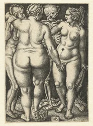 La muerte y tres mujeres desnudas de pie
