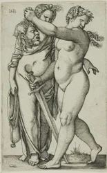 Judith caminando hacia la izquierda, y su sirviente