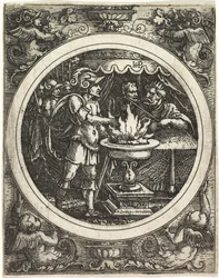 Mucius Scaevola sosteniendo su mano en el fuego