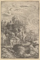 Paisaje con un castillo encaramado en una roca, 1553