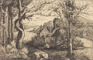Vista en un río con un castillo en una isla, 1553