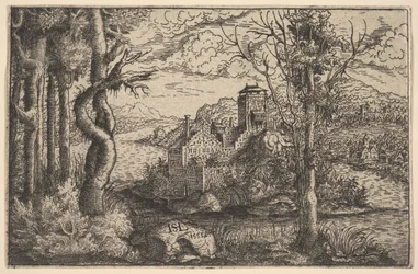 Vista en un río, con un castillo en una isla, 1553