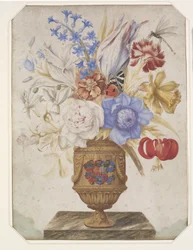 Flores en un jarrón dorado con el escudo de Holstein-Gottorp