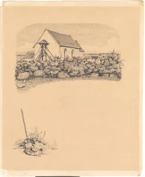 Ilustración para St. St. Blicher: "Mowns". F.o.: iglesia detrás de un muro de piedra; f.n.: tumba (?) con pala