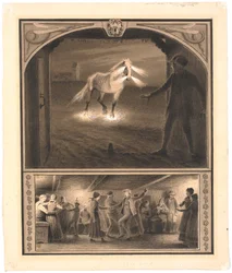 Ilustración de St. St. Blicher: "Mowns". Helhesten y Mowns; f.n.: baile en casa de campesinos