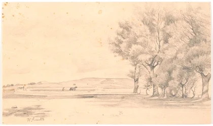 Paisaje con campo arado; a la derecha, árboles altos