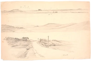 Hoja de estudio con tres paisajes de Jutlandia. Arriba: paisaje con campo arado; medio: paisaje con altas colinas; abajo: paisaje con casa y camino