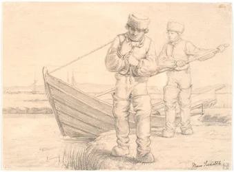 Dos pescadores del Limfjord tirando de un bote