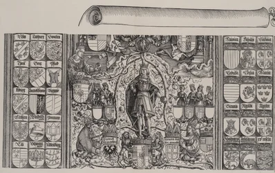 La parte superior de la genealogía de Maximiliano, con el borde derecho del pergamino, 1515