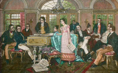 FRANZ SCHUBERT (1797-1828) compositor austríaco - Noche de Schubert en la casa de Joseph von Spaun - de izquierda a derecha: Bauernfeld, Schubert, Kupelwieser, Beethoven, hermanas Frohlich, Mayrhofer, Schwind, Spaun, Vogl, Grillparzer - Schubert en Spaun d