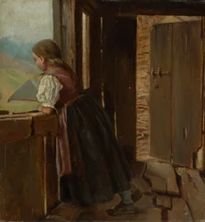 Muchacha en la pérgola de una casa de campo