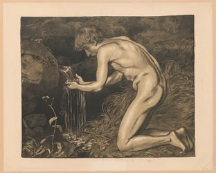 Joven sacando agua de una fuente, desnudo
