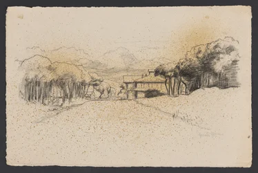 Paisaje con una casa entre árboles