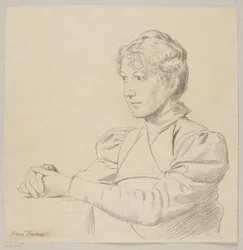 Retrato de una joven con las manos sobre la mesa, representada hasta la cintura