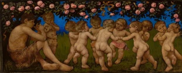 Puttas danzantes con una guirnalda de rosas