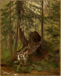 Interior de bosque con muchacho leyendo