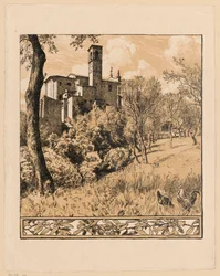 Vista de la iglesia de San Nicolás Taumaturgo en la colina de Gardone Riviera, junto al lago de Garda, Lombardía, con una cenefa de motivos de ramas de olivo en la parte inferior