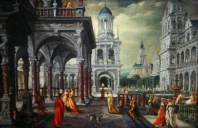 Betsabé y David con un fondo arquitectónico