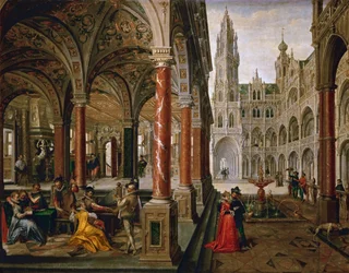 Palacio con músicos por Hans Vredeman de Vries
