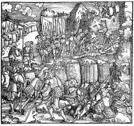 Asedio de una fortaleza. Ilustración del libro Phisicke Against Fortune de Petrarca, 1532