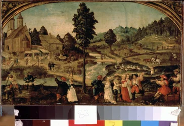 Fete de village (fiesta del pueblo). Pintura de Hans Von Wertinger (hacia 1465-1533). Óleo sobre tabla, 22,5 x 40 cm, finales del siglo XV. Arte alemán, renacimiento. Museo del Hermitage, San Petersburgo.
