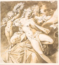 Marte acariciando a Venus; izq. un amorcillo que le ofrece una corona
