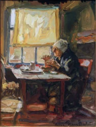 Anciana en la mesa del desayuno