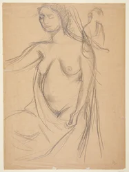 Modelo femenino, tres cuartos de perfil hacia la izquierda, cortada a la altura de las rodillas, y un pequeño estudio de modelo