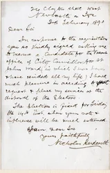Carta de Nicholas Hardcastle aceptando la invitación para ser concejal de la ciudad para el distrito de St John