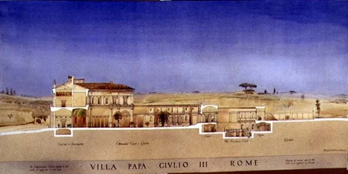Vista del patio columnado y jardín de la Villa di Papa Giulio en Roma
