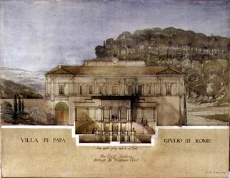 Vista de la sección transversal a través del patio de la fuente de la Villa di Papa Giulio en Roma
