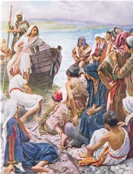 Cristo predicando desde el barco, ilustración de Harold Copping Pictures: The Crown Series, c.1920s
