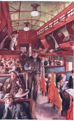 Interior de un tren de emigrantes canadienses c.1900 (litografía en color)