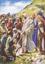 Jesús sana al niño pequeño, ilustración de Harold Copping Pictures: The Crown Series, c.1920s