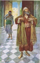 El fariseo y el publicano, ilustración de Harold Copping Pictures: The Crown Series, c.1920s