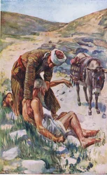 El buen samaritano, ilustración de Harold Copping Pictures: The Crown Series, c.1920s