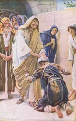 La curación del leproso, ilustración de Harold Copping Pictures: The Crown Series, hacia la década de 1920