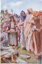 Los panes y los peces, ilustración de Harold Copping Pictures: The Crown Series, c.1920s