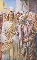La pregunta de los saduceos, ilustración de Harold Copping Pictures: The Crown Series, hacia la década de 1920