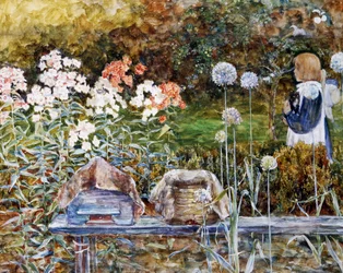 Cerca de Exeter. Una niña pasea por un jardín de flores con un gato en brazos. Pintura de Harold Sutton Palmer (1854-1933 Británico) Colección privada