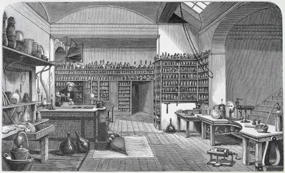 Michael Faraday (1791-1867) en su Laboratorio del Sótano, de 