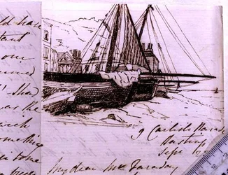 Viñeta de barcos de pesca en Hastings, un boceto en una carta a Michael Faraday, 23 de septiembre de 1853
