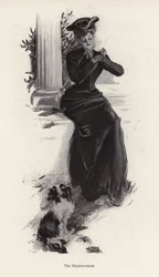 Joven mujer y su perro esperando para montar a caballo