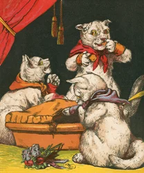 Gatitos traviesos comiendo pastel con sus mitones
