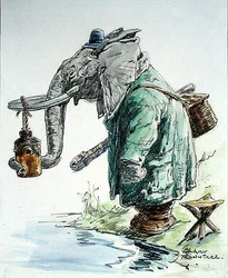 El elefante va a pescar (pluma, tinta, acuarela y carboncillo sobre papel)