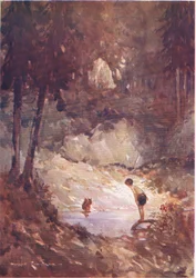 "Ya puedes saltar", le dijo la ardilla a Gilbert (de The Forest Foundling) (litografía en color)