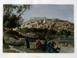 Hebrón, grabado por Alfred Krausse después de una imagen de Harry Fenn, publicado en Picturesque Palestine, alrededor de 1875