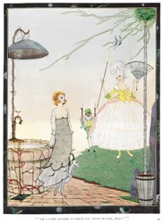 "¿He venido a servirle agua, por favor?" Ilustración para el cuento "el hada". Una joven se encuentra con un hada con la apariencia de una dama bien vestida.