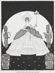 "Otro vestido del color de la luna". Una ilustración para el cuento "Piel de asno". Una bella princesa con una sombrilla en la mano y dos criados a su lado.